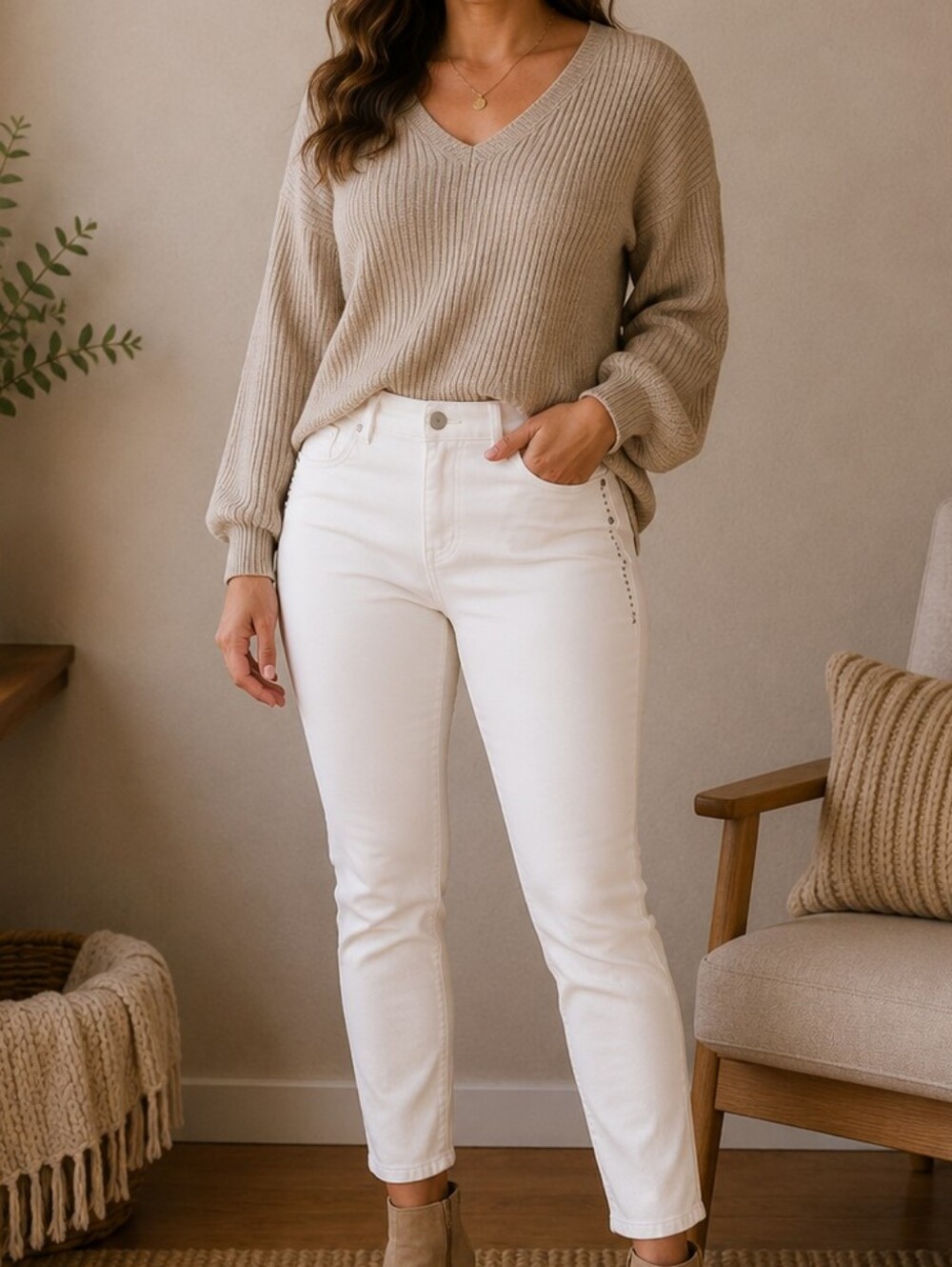 d. jeans White Stretch Ankle Jeans with Stud Accents
